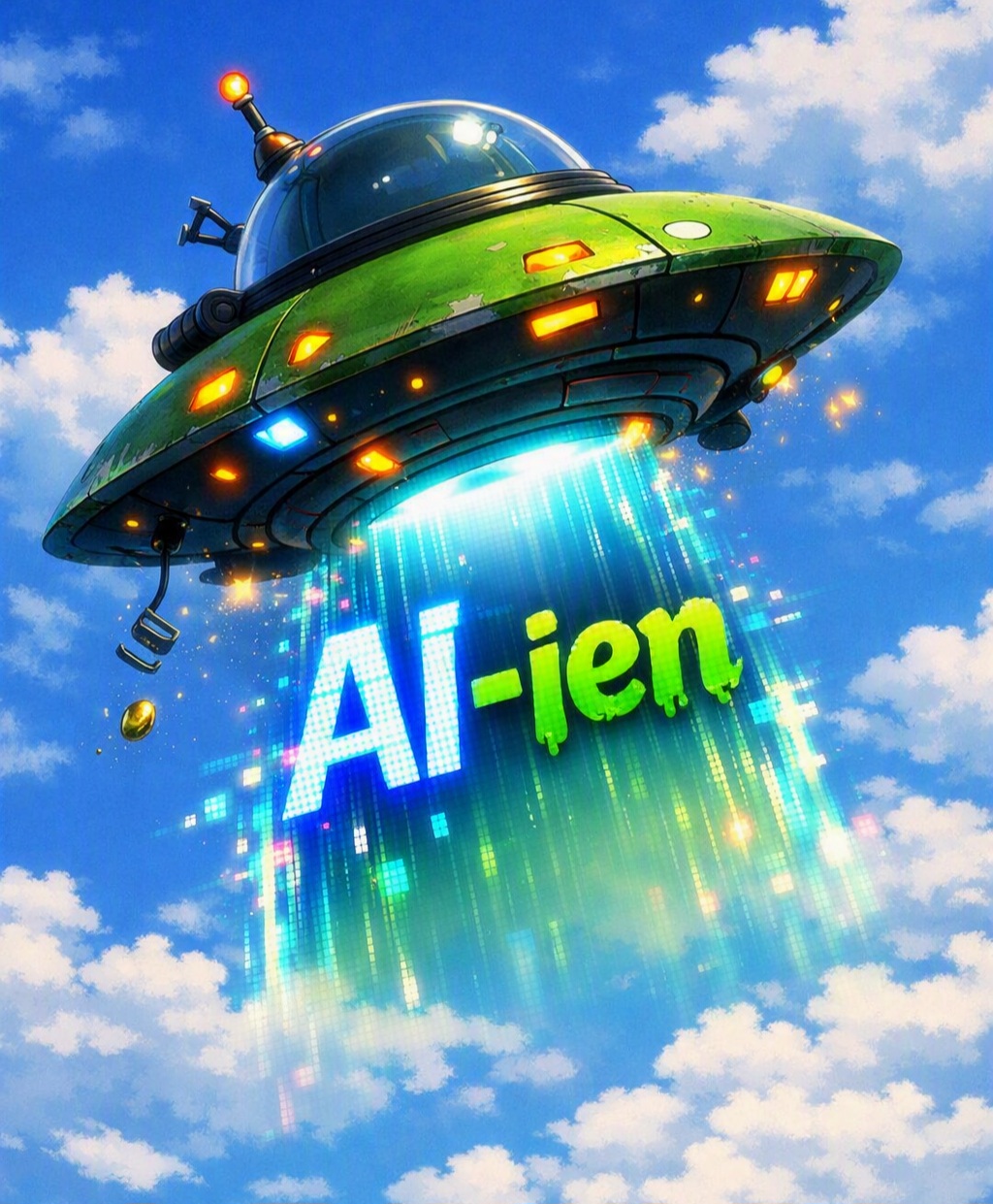 AI-ien — title artwork: a green flying saucer beaming down the AI-ien title in pixel light